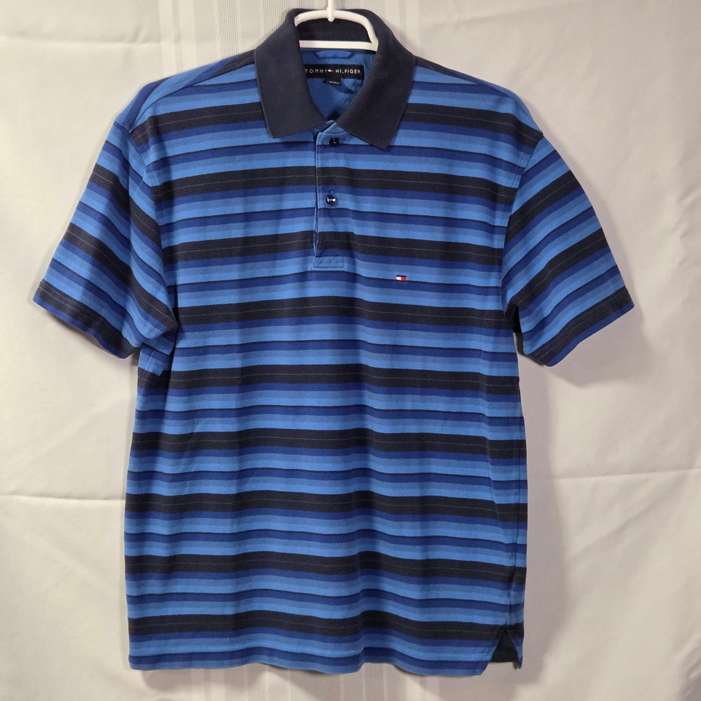 Tommy Hilfiger Polo Shirt Mens S Blue Striped Short Sleeve Pique Cotton Classic